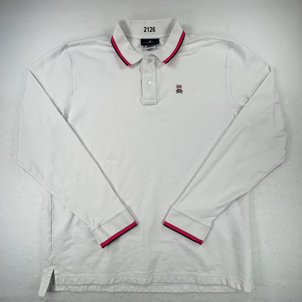 Psycho Bunny Polo Shirt Mens 2XL White Long Sleeve Pima Cotton Bunny Skull Logo